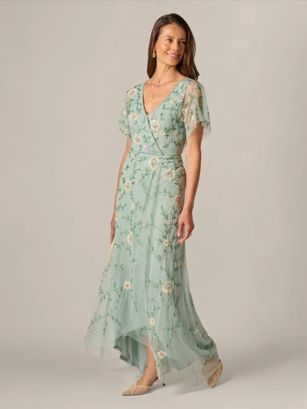 Adrianna Papell Dress Flutter Sleeve Beaded Wrap Dress In Aqua Dust Size 10 Peti